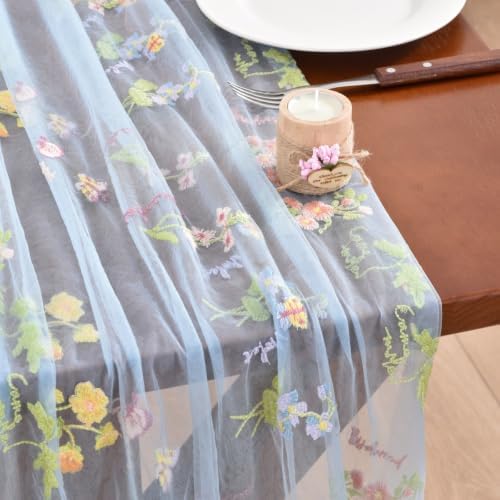 Blue Butterfly Floral Table Runner Flowers Tea Garden Party Picnic Decor - Image 2
