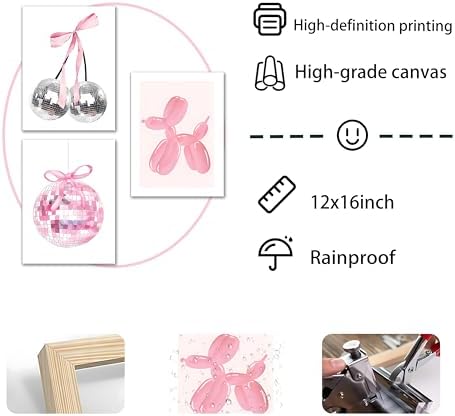 Framed Pink Disco Ball Wall Art Set of 3, Cute Cherry with Bows and Balloon Dog Posters Print, Trendy Pink Aesthetic Party Wall Decor for Teen Girls Bedroom Dorm Apartment 12x16in - Image 2