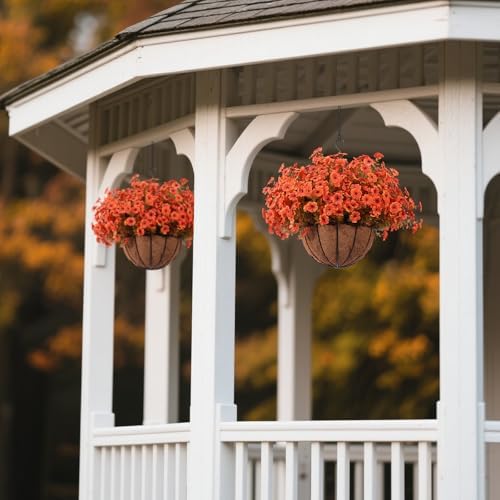 Hananona 24 Pcs Artficial Outdoor Flowers with Hanging Baskets, Orange Fall mums 2 Pack Hanging Planter with Outdoor Fall Flowers for Autumn Porch Garden and Home Patio Yard Decor (2, Orange) - Image 5