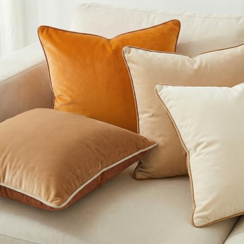 Mecatny Velvet Decorative Throw Pillow Covers 20x20 Set of 4 Brown/Khaki - Image 2