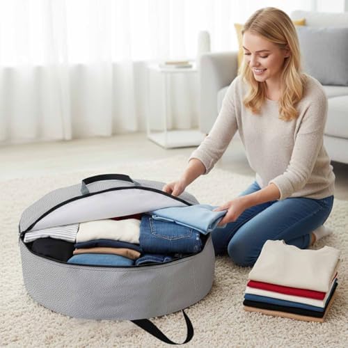 36 Inch Round Storage Bag 1 Pack,Vintage Grey Leather Texture Waterproof Wreath Storage Container with Handles&Zipper Classical Solid Color Pattern Closet Organizer Bags Garland Box - Image 3