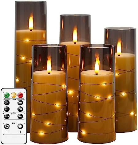 kakoya Flameless LED Candles with Timer 5 Pc Flickering Flameless Candles for Romantic Ambiance and Home Decoration Stable Acrylic Shell,with Embedded Star String，Battery Operated Candles（Grey） by FLAMELESSCANDLES