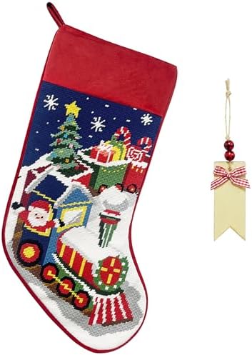 Needlepoint Christmas Stocking, 18 Inches Vintage Xmas Stockings with Personalized Name Tag, Embroidered Train Design, Old-Fashioned Holiday Christmas Party Family Decor by Arciveberg