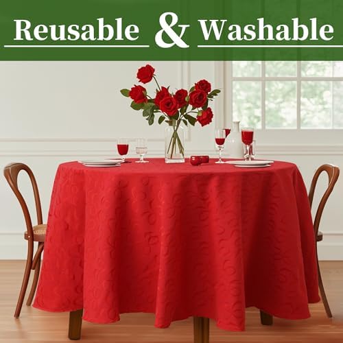 VOOVA & MOVAS Red Round Tablecloth 70" (Seat 4-6), Reusable Table Cloth for 5ft Circle Table, Polyester-Cotton, Washable, 1PC Celebration Holiday Tablecloth with Bow Jacquard - Image 2