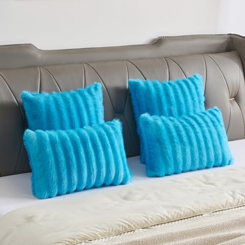FUTEI Pack of 2 Faux Mink Fur Throw Pillow Covers 24x24 Inch, Sky Blue - Image 6