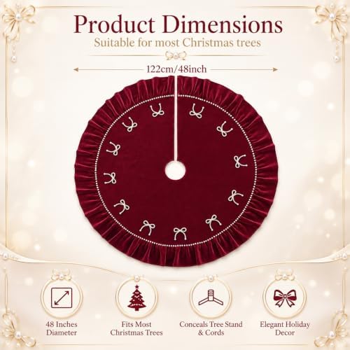 48 Inches Pearl Christmas Tree Skirt Plush Christmas Velvet Tree Skirt with Pearl Bow Burgundy Ruffle Edge Handmade Mat for Xmas Holiday Winter Party Decorations - Image 2