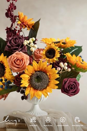 Ling's moment Artificial Wedding Flowers Grand Combo, Sunflower & Marsala - Image 3