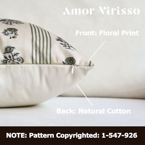 Amor Virisso Floral Throw Pillow Covers 24x24 Set of 2 Block Print Pillow Covers Neutral Floral Striped Farmhouse Decorative Pillow Covers for Sofa Couch Bed, Dusty Green - Image 2