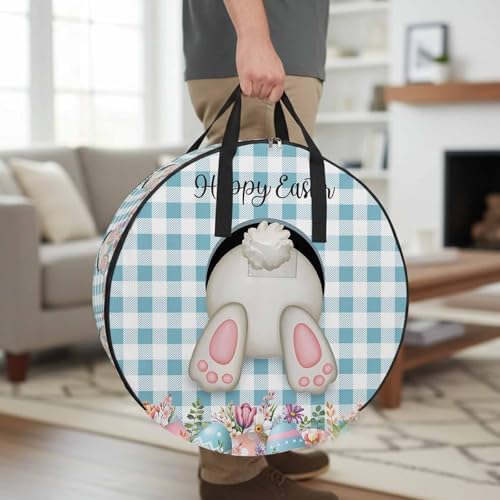 24 Inch Round Storage Bag 2 Pack,Easter Day Bunny Tail Blue Check Waterproof Wreath Storage Container with Handles&Zipper Spring Cute Rabbit White Grid Closet Organizer Bags Garland Box - Image 3