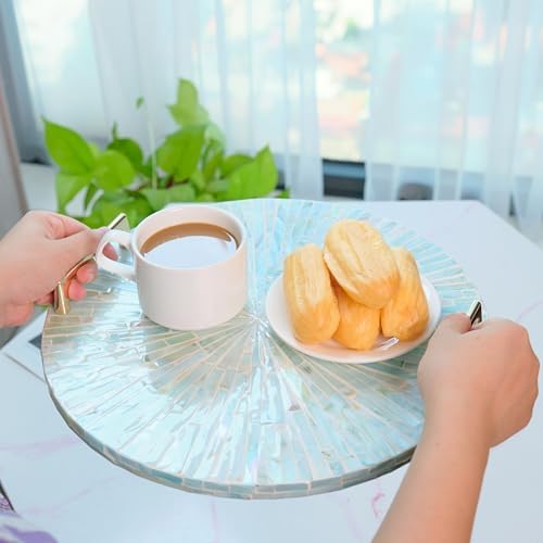 PEMAR Mother of Pearl Decorative Tray, 13" Round with Gold Metal Handles, Vanity/Perfume/Trinket Tray, Catchall for Dresser, Bathroom, Vanity Table (Teal Sunlight) - Image 5