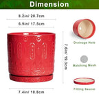 Eightpot Ceramic Plant Pots, 8 Inch Plant Pots Indoor Outdoor, Round Flower Pot with Drainage Hole and Sacuer, Boho Pot for Plants, Decorative Planter, Home Room Bathroom Decor, Garden Gifts, Red - Image 2