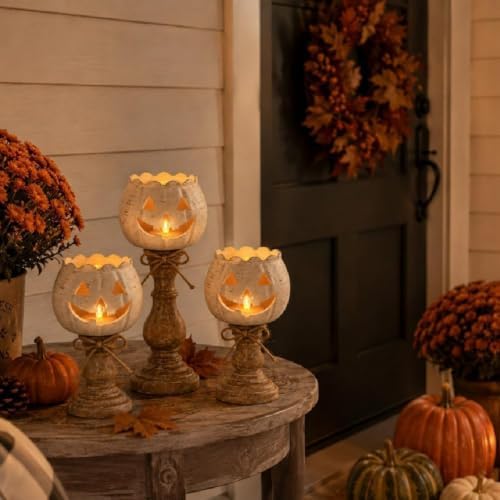 Rustic White Pumpkin Candle Holder Set Fall Decor for Thanksgiving Party - Image 4
