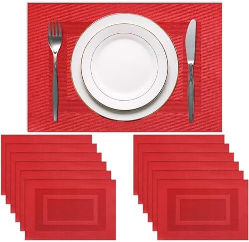PIGCHCY Vinyl Placemats Set of 12 Washable Durable Kitchen Easy to Clean Plastic Placemats for Dining Table (Passionate Red) by PIGCHCY