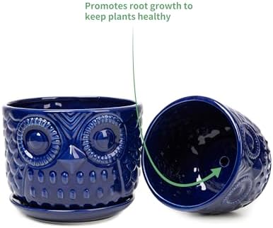 Ceramic Flower Pots, Ceramic Planters with Drainage Hole and Saucer, Modern Round Indoor Succulent Planters with Owl Design, Small to Medium-Sized, Set of 3, Navy Blue - Image 6