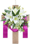 Easter Cross Wreaths for Front Door, 16" Religious Spring Wreath with Lily and Purple Ribbon, Christian He is Risen Easter Decor, Rustic Twine Wrapped Hanging Ornament Wall Porch Farmhouse Home Decor by MyCoats