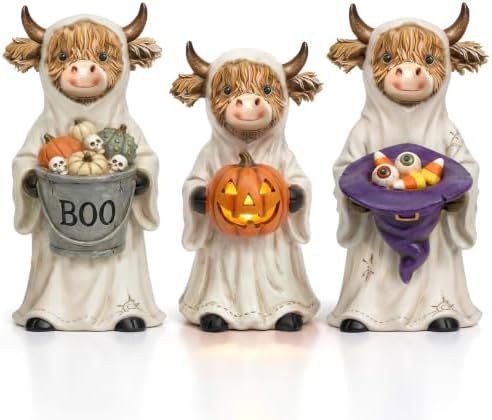 3 Pcs Halloween Highland Cow Figurines, Ghost with Pumpkin Decor by Duucoepl
