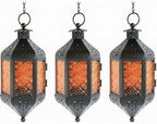 Vela Lanterns Hanging Moroccan Lamp - Exotic Decorative Patio & Porch Decor, Indoor Outdoor Tea Light Candle Lantern Holder with Chain (11" Medium, Amber Glass, 3-Pack) by VelaCandleLanterns