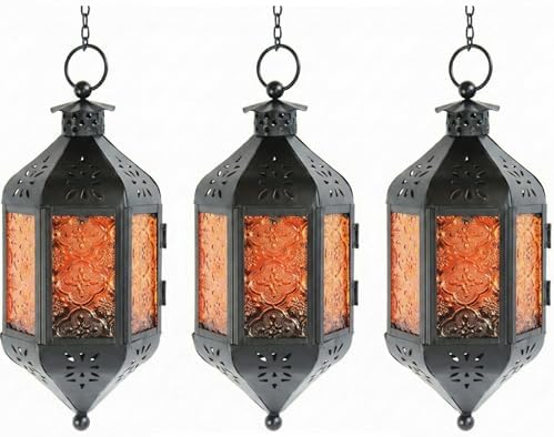 Vela Lanterns Hanging Moroccan Lamp - Exotic Decorative Patio & Porch Decor, Indoor Outdoor Tea Light Candle Lantern Holder with Chain (11" Medium, Amber Glass, 3-Pack) by VelaCandleLanterns
