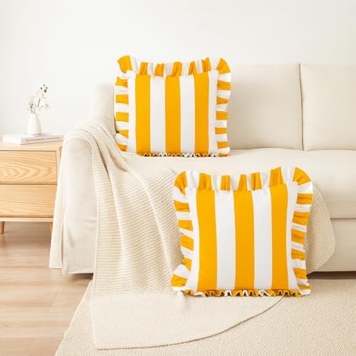 MONDAY MOOSE Decorative Throw Pillow Covers, Set of 2 Water-Resistant Striped Design with Ruffle Edge for Outdoor/Indoor Use, Pillow Inserts Not Included (18x18 inch, Golden Yellow/White) - Image 5