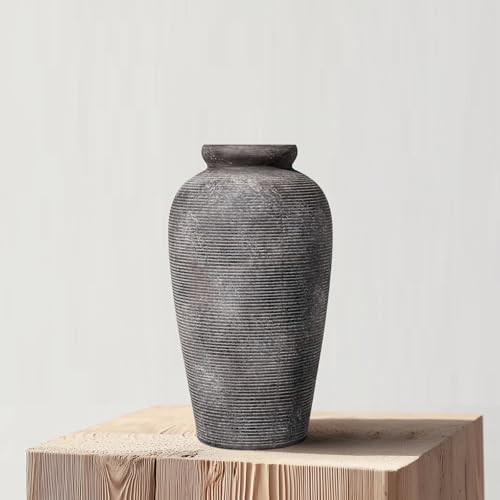 Large Rustic Terracotta Vase, 11 inch Tall Ceramic Flower Vase, Clay Farmhouse Decorative Vases for Flowers, Living Room, Shelf, Entryway, Home Decor, Grey - Image 4