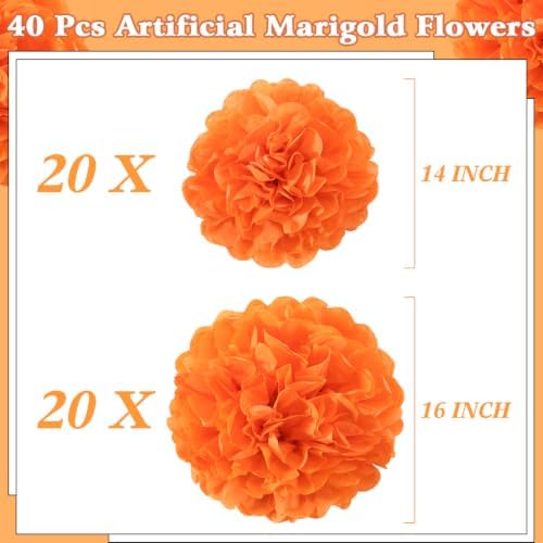 Suncalla 40 Pcs Marigold Paper Flowers Bulk, Orange, 14 Inch,16 Inch - Image 2