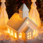 Christmas Village Set, 5-Piece Ceramic Houses and Pine Trees, Xmas Decor - Image 3