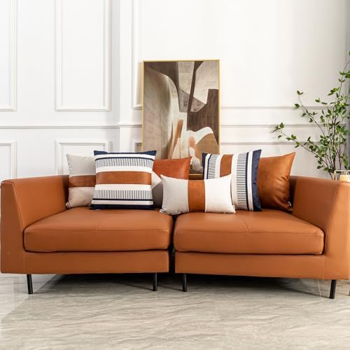 Set of 2 Large Couch Decorative Pillow Covers 26x26 Farmhouse Stripe Pillowcase, Faux Leather Accent Square Cushion Cover for Sofa Chair Bedroom Modern Decor - Image 6