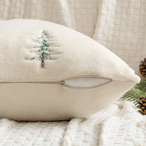 MIULEE Christmas Decorative Faux Fur Pillow Covers 20x20 Inch Beige Green - Image 6