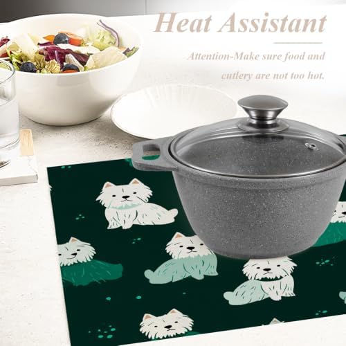 Shrahala Cute Dog in Dark Green Placemats, White Dogs Spots Table Mat Linen Burlap Washable Double-Deck Heat Insulation for Dining/Kitchen Table Set of 6 (12 X 18 Inch) - Image 6