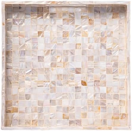 PEMAR Handcrafted Mother of Pearl Decorative Tray with Handles - 12" Square Mosaic Inlay Organizer for Coffee Table, Ottoman, Vanity & Bathroom - Luxury Coastal Home Decor (White Cream Squares) by PEMAR