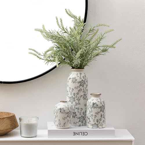 Ceramic Flower Decorative Antique Vase Set of 3, Vintage Rustic Chinoiserie Floral Vase for Home Decor, Living Room, Bookshelf, Office, Entryway, Garden, Chinoiserie Decor, Tuscan Decor- Gray - Image 5