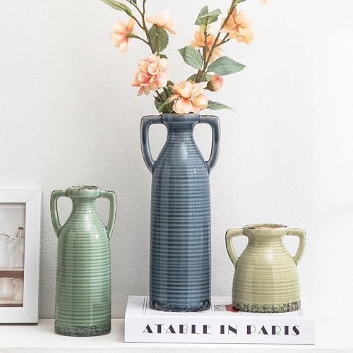Ceramic Vases Set of 3, Neutral Rustic Farmhouse Vase with Handles by Letsupgradeyourhome