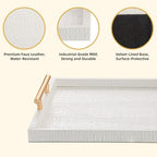 Modern Elegant Large Wood Serving Tray, Set of 2 Pearl White Crocodile Leather with Gold Polished Metal Handles, Home Decorative Rectangle Ottoman Platter Living Room Bathroom Vanity Tray - Image 3