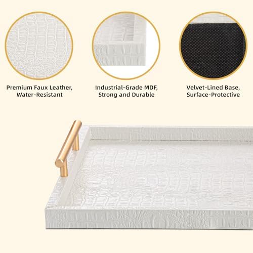 Modern Elegant Large Wood Serving Tray, Set of 2 Pearl White Crocodile Leather with Gold Polished Metal Handles, Home Decorative Rectangle Ottoman Platter Living Room Bathroom Vanity Tray - Image 3
