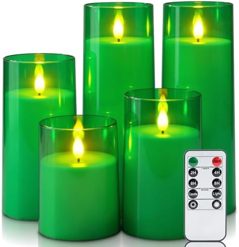 Homemory Green Flickering Flameless Candles, Battery Operated Acrylic LED Pillar Candles with Remote Control and Timer, Set of 5, St. Patrick's Day by Homemory