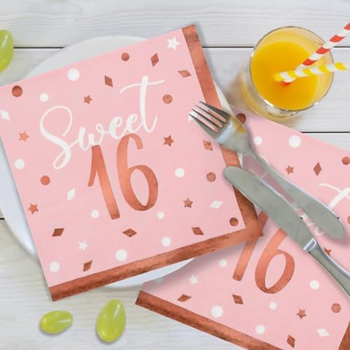 Rose Gold & Pink Sweet 16 Birthday Bundle: Party Supplies Set with paper Plates, Napkins, Cups, Tablecloth & Banner - Sweet Sixteen Decorations, Party Favors ，Serves 25 - Image 6