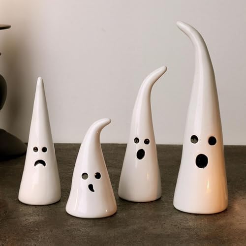 Halloween Decor Ceramic Ghost: 4 pcs Cute Halloween Decorations Indoor, Rustic Witch Hat Shape Ghost Figurine, Farmhouse Table Desk Tiered Tray Mantel Fireplace Decor for Kids Home Office - Image 6