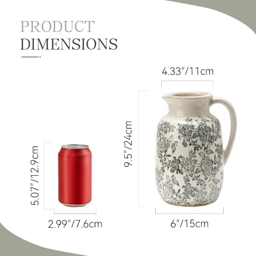 Ceramic Vintage Vase Flower Decorative Vase Chinoiserie Decor Rustic Farmhouse Retro Floral Vases for Table Bookshelf Mantel Kitchen Living Room Office - 9.5" Gray - Image 2