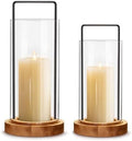 Houmury Set of 2 Hurricane Candle Holders Lantern 12” & 10”with Wood Base Metal Handle Glass Cylinder Modern Farmhouse Decor for Home Decoration, Table Centerpieces (Warm Amber Brown) by Houmury