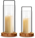 Houmury Set of 2 Hurricane Candle Holders Lantern 12” & 10”with Wood Base Metal Handle Glass Cylinder Modern Farmhouse Decor for Home Decoration, Table Centerpieces (Warm Amber Brown) by Houmury