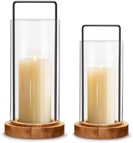 Houmury Set of 2 Hurricane Candle Holders Lantern 12” & 10”with Wood Base Metal Handle Glass Cylinder Modern Farmhouse Decor for Home Decoration, Table Centerpieces (Warm Amber Brown) by Houmury