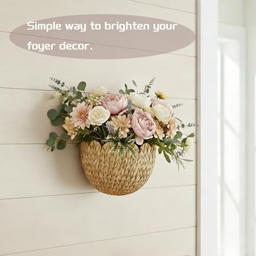 Hanging Wall Basket, Handwoven Water Hyacinth Scalloped Basket, Decorative Wall Organizer and Planter for Entryway Mail Plants Bathroom, Natural Color, 16" D x 10" W x 7" H - Image 3