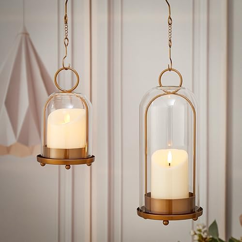 Hurricane Metal & Glass Candle Holder Set of 2 with Timer Candles, Decorative Candlestick Pillar Holder with Clear Glass for Wedding Party Holiday Dining Table Centerpiece Lanter, Gold - Image 5