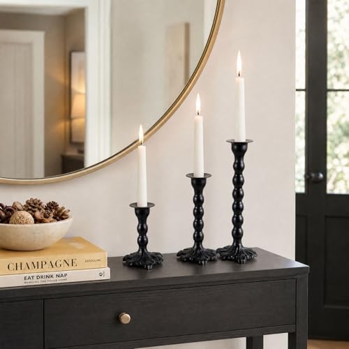 AIM & GGKK Black Candlestick Holders Set of 3, Premium Metal Taper Candle Holders with Elegant Petal Base & Beaded Column Design, Matte Black Finish for Table Centerpiece Wedding Party Home Decor - Image 6