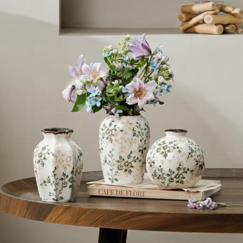 Ceramic Flower Small Vase for Home Decor, Vintage Green Vase Set of 3 - Image 3