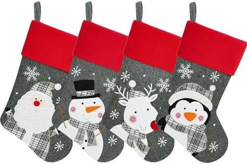 Set of 4, 18" Dia Personalized Gray Christmas Stockings with Embroidery Names, Quality Thick Fleece Material Stockings for Family Decor(Santa Snowman Elk Penguin) - Image 4