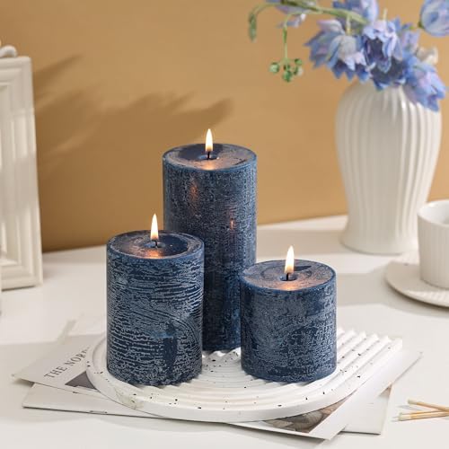 3x6 Inch Dark Blue Pillar Candles Set of 3 - Hand-Poured Unscented Candles, Long Clean Burning, Navy Blue Candle, Smokeless Dripless Candle for Dinner Table, Wedding, Home, Rustic Decor - Image 3