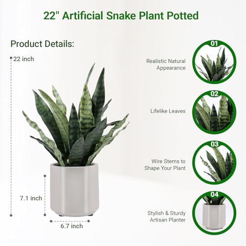Fake Snake Plant 22" Tall, Realistic Touch Leaves, Potted Artificial Plants Indoor for Home Decor Small Office Home Living Room - Image 2