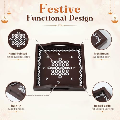 6 Pcs Diwali Table Tray with Handle Return Gift for Pooja, Brown, 5.9 Inch - Image 4