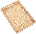 Rectangle Rattan Tray with Mother of Pearl Inlay, Rattan Serving Tray with Handle for Coffee, Bread, Fruits, Snacks, Decorative Wicker Tray for Table Decor (Rectangle Amber Leaf, 13"×9") by Tynulox